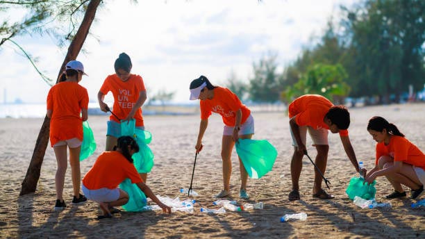 collecting plastic on the beach